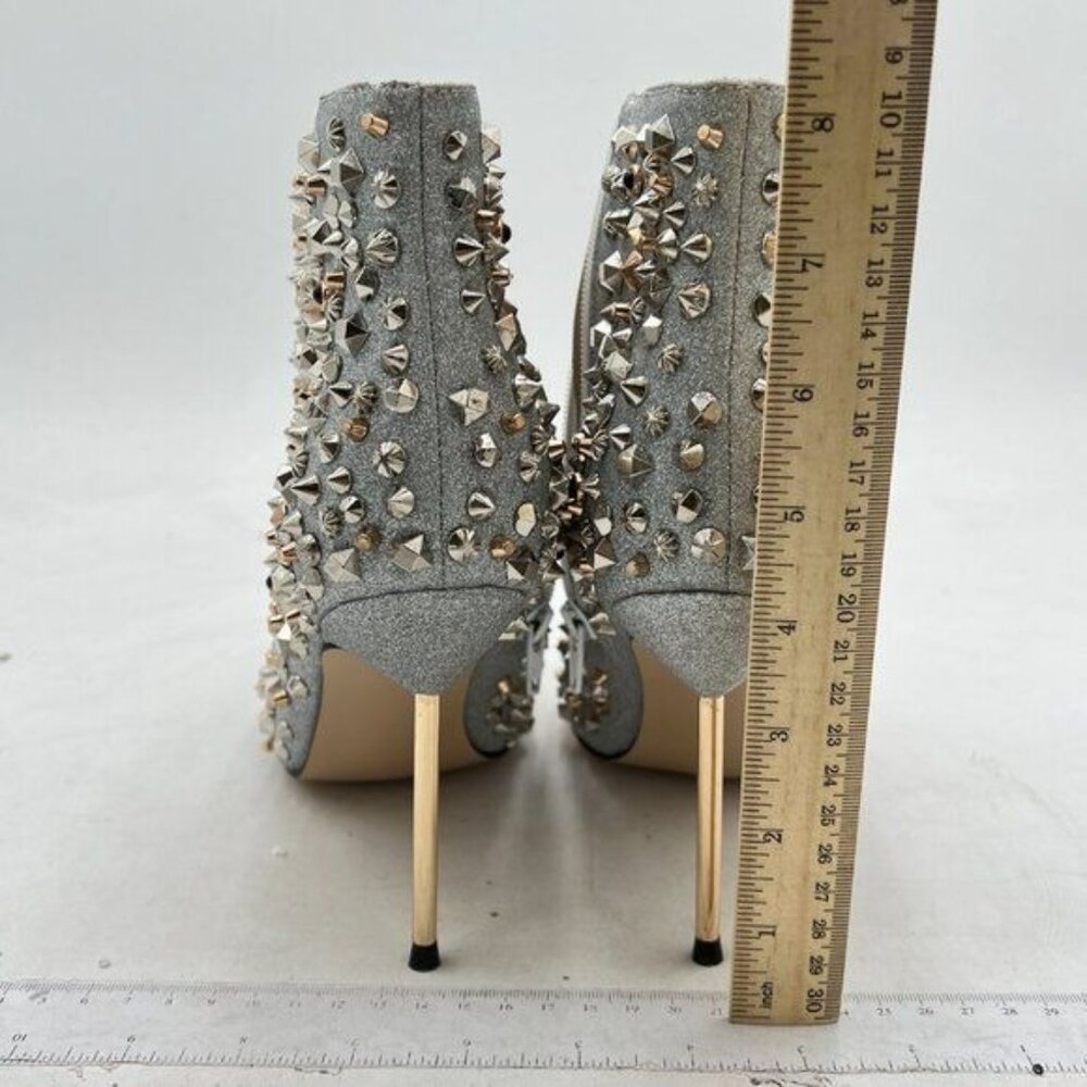 FSJ Silver High Heel Ankle Boots Rivets Closed Pointed Toe Stilettos Zipper Shoe - Picture 4 of 8